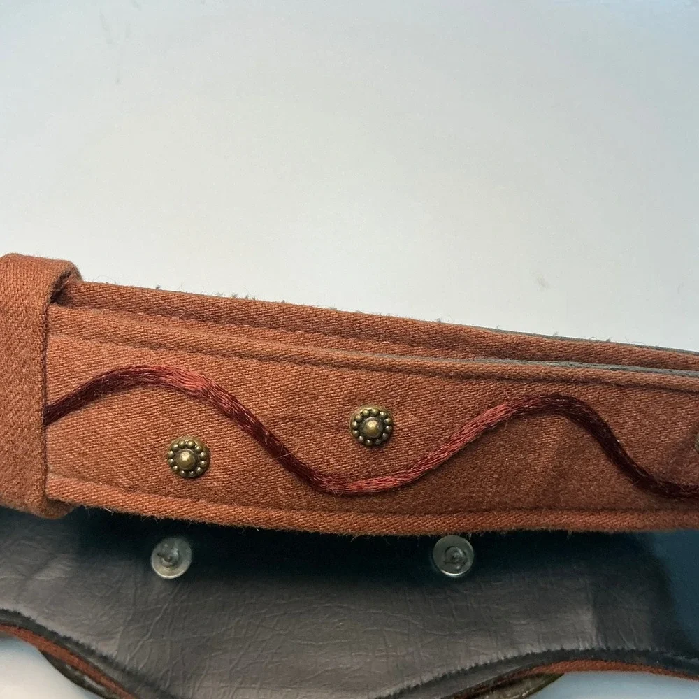 Vintage Wide Waist Belt Brown Embroidered Brass Ornate Buckle Boho M
